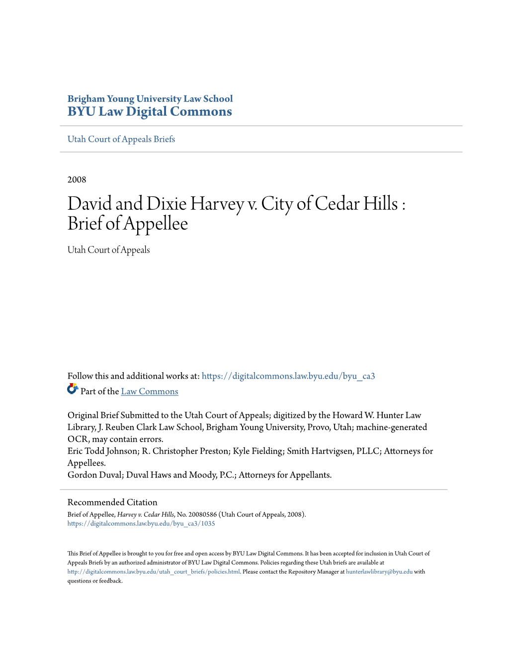 David and Dixie Harvey V. City of Cedar Hills : Brief of Appellee Utah Court of Appeals