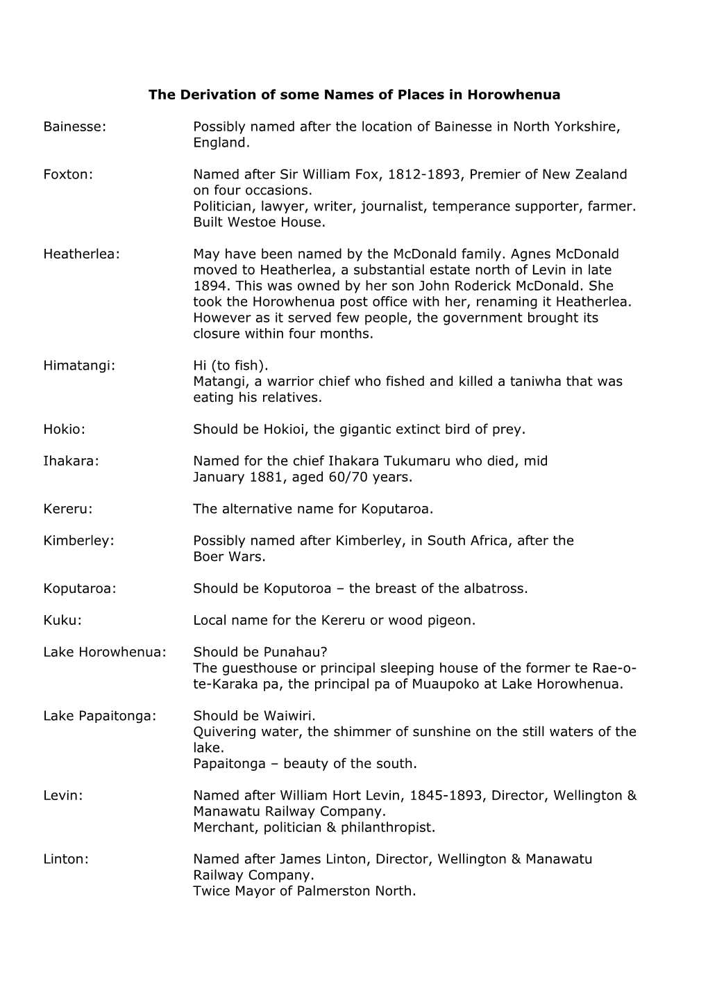 The Derivation of Some Names of Places in Horowhenua