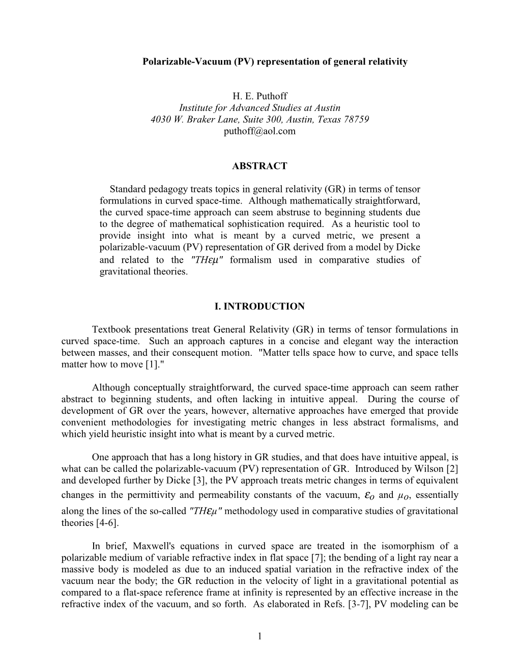 Polarizable-Vacuum (PV) Representation of General Relativity