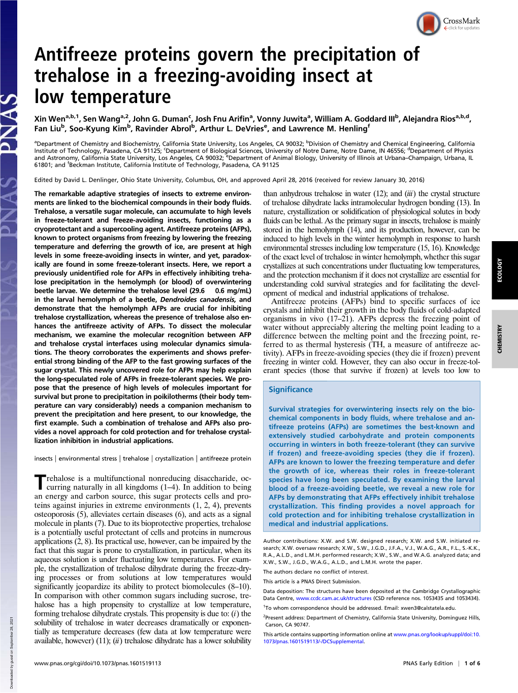 Antifreeze Proteins Govern the Precipitation of Trehalose in a Freezing-Avoiding Insect at Low Temperature