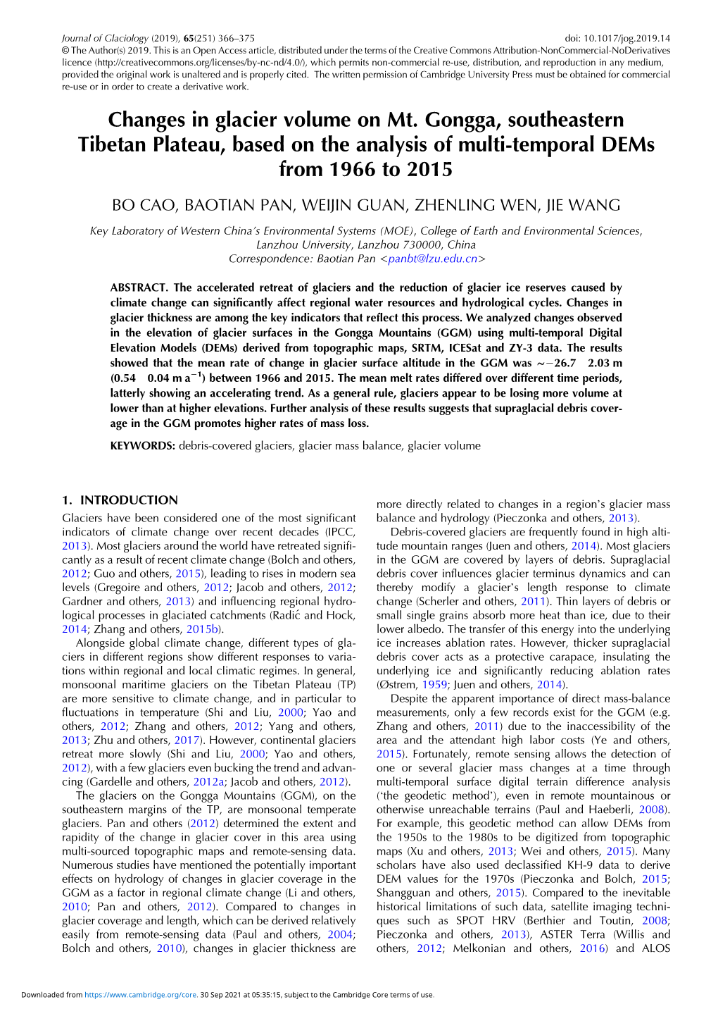 Changes in Glacier Volume on Mt. Gongga, Southeastern Tibetan Plateau, Based on the Analysis of Multi-Temporal Dems from 1966 to 2015