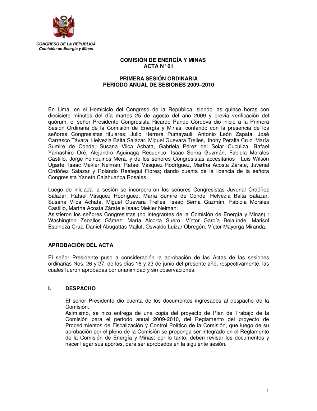 Comisión De Energía Y Minas Acta N° 01 Primera Sesión