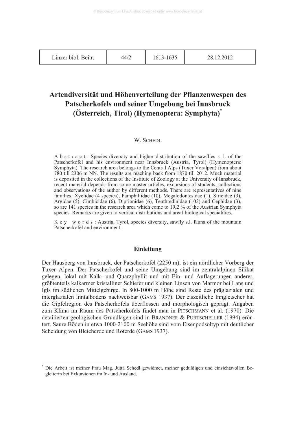 Artendiversität Und Höhenverteilung Der Pflanzenwespen Des Patscherkofels Und Seiner Umgebung Bei Innsbruck (Österreich, Tirol) (Hymenoptera: Symphyta)*