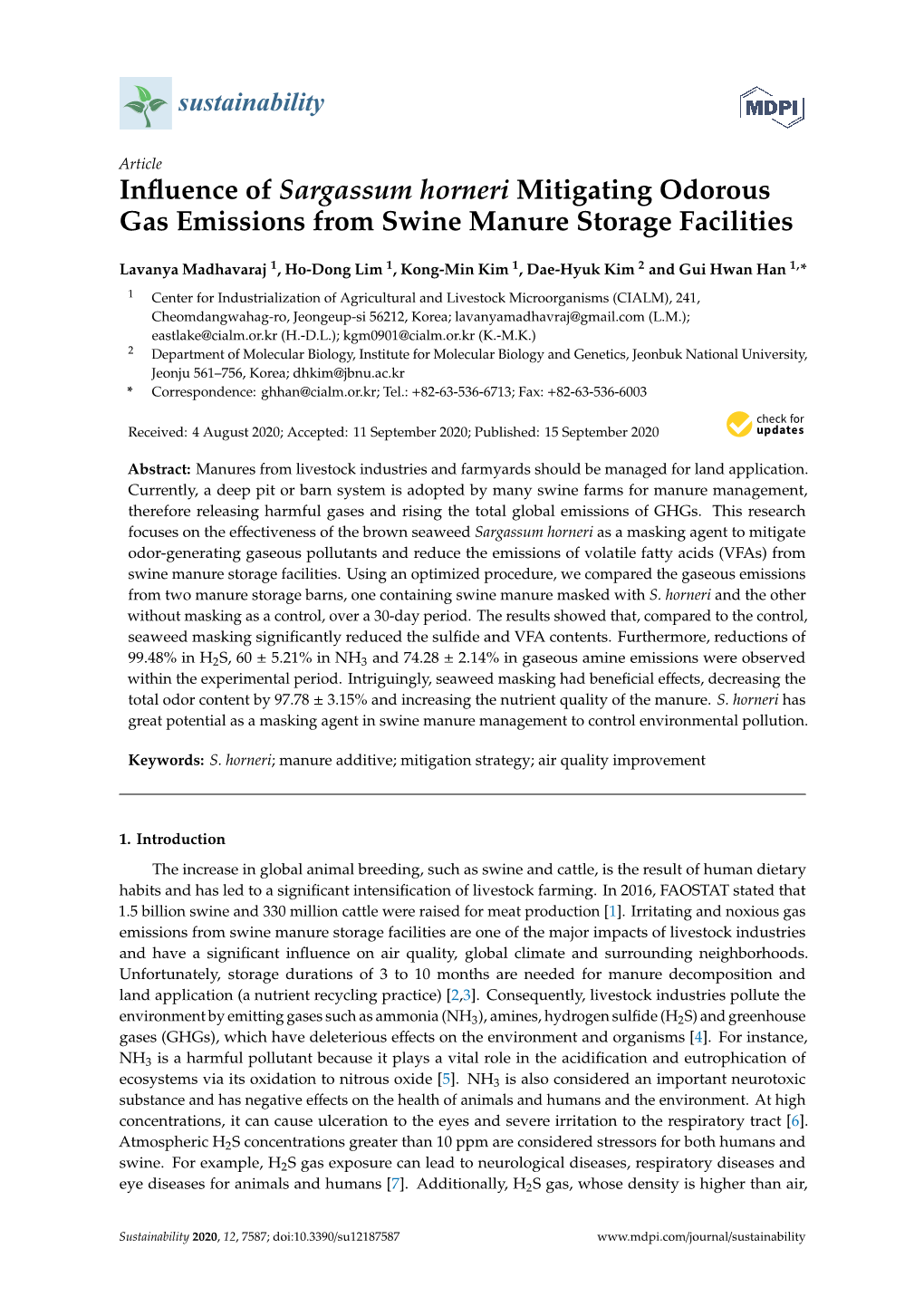 Influence of Sargassum Horneri Mitigating Odorous Gas Emissions from Swine Manure Storage Facilities