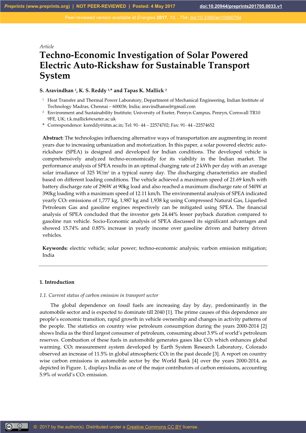 Techno-Economic Investigation of Solar Powered Electric Auto-Rickshaw for Sustainable Transport System