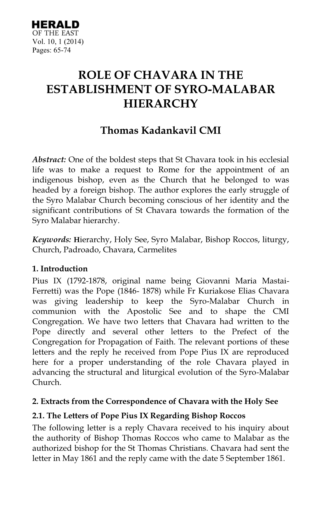 Role of Chavara in the Establishment of Syro-Malabar Hierarchy