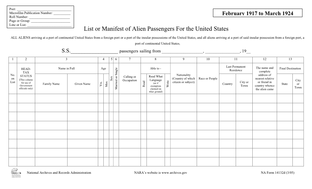 List Or Manifest of Alien Passengers for the United States, 1917