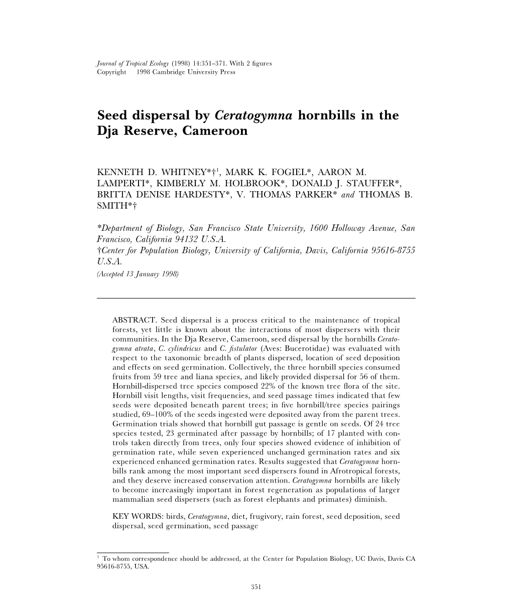 Seed Dispersal by Ceratogymna Hornbills in the Dja Reserve, Cameroon