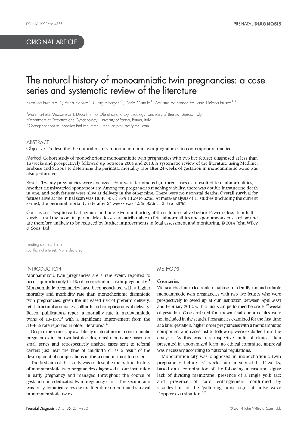 The Natural History of Monoamniotic Twin Pregnancies: a Case Series and Systematic Review of the Literature