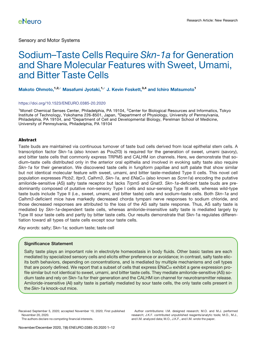 Sodium–Taste Cells Require Skn-1A for Generation and Share Molecular Features with Sweet, Umami, and Bitter Taste Cells