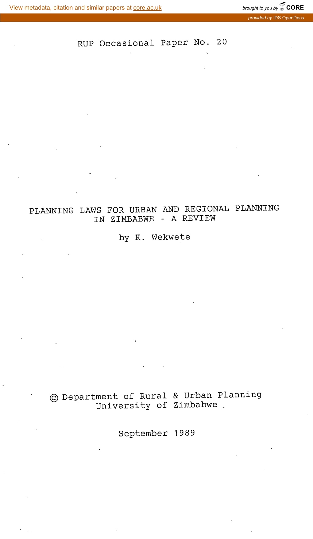 Planning Laws for Urban and Regional Planning in Zimbabwe - a Review