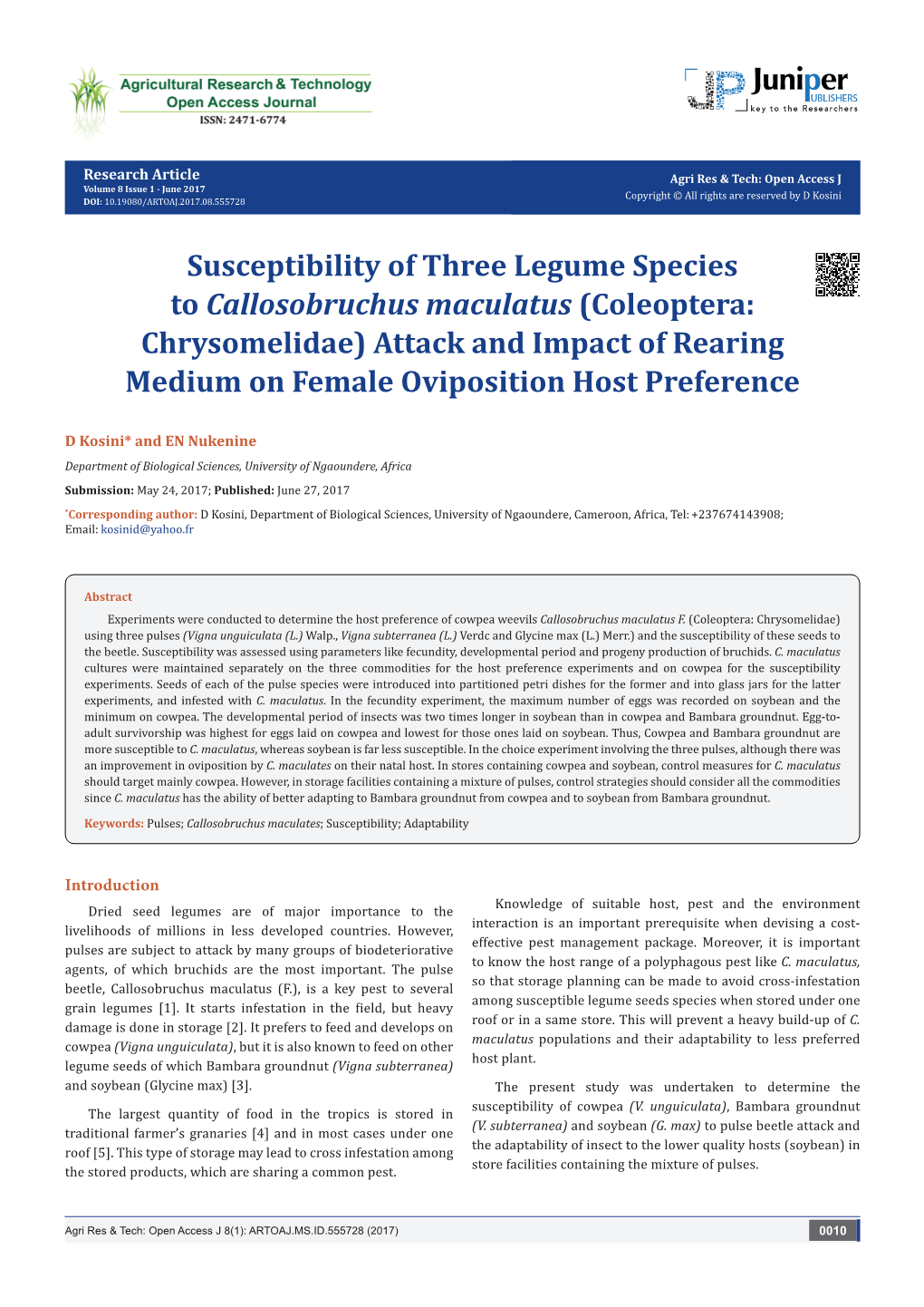 Susceptibility of Three Legume Species to Callosobruchus Maculatus