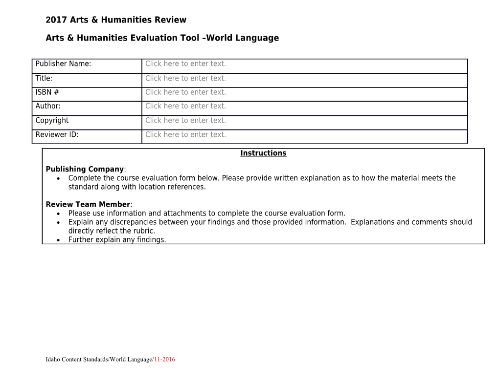 Arts & Humanities Evaluation Tool World Language