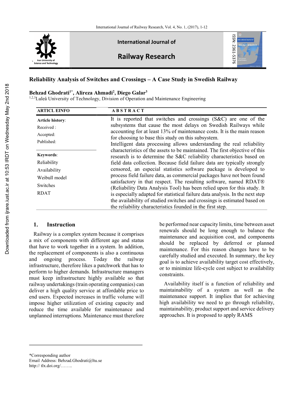 Reliability Analysis of Switches and Crossings – a Case Study in Swedish Railway