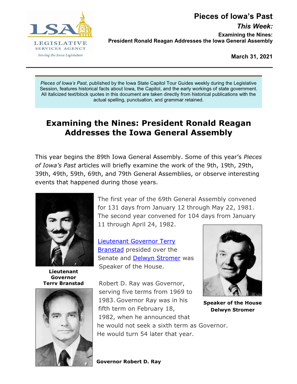 Examining the Nines: President Ronald Reagan Addresses the Iowa General Assembly