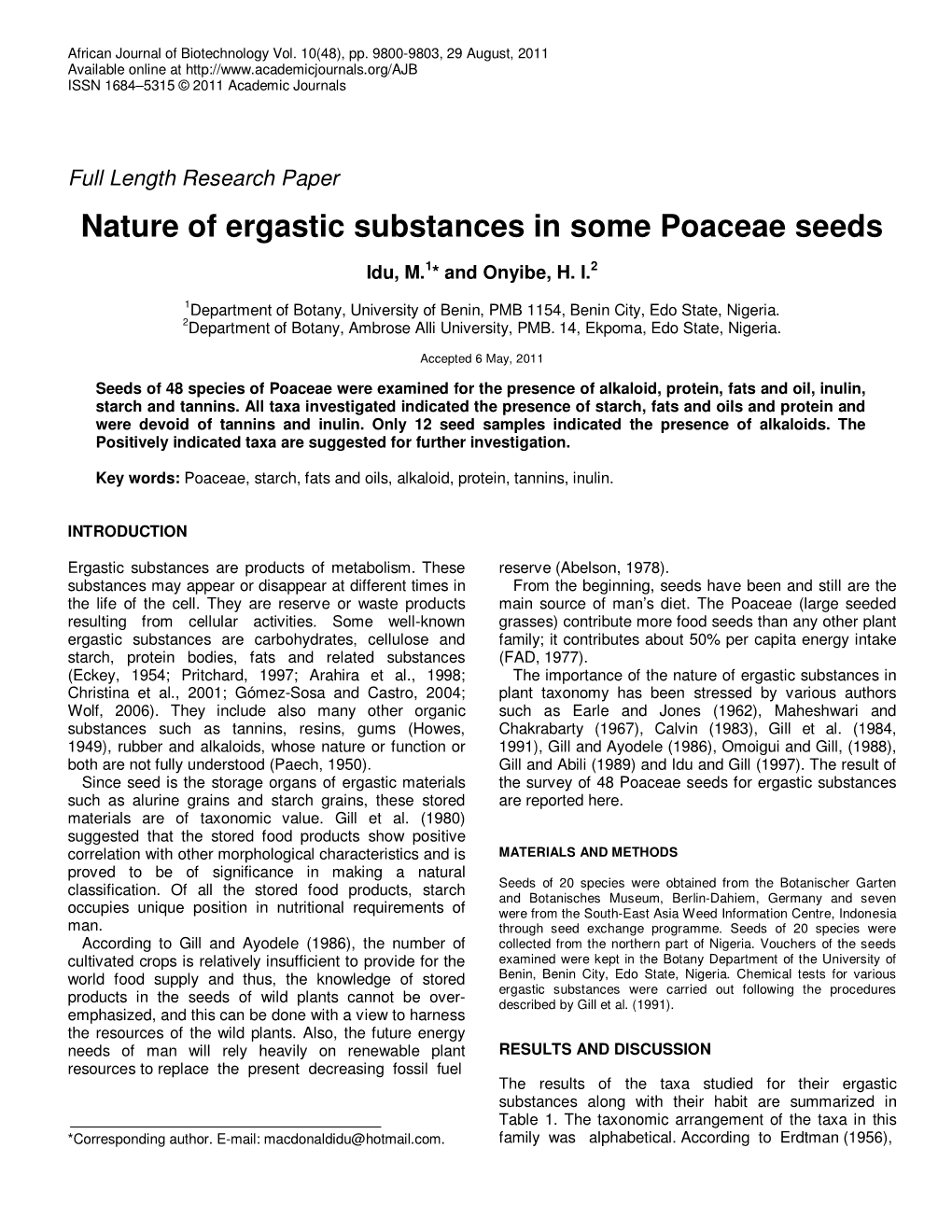 Nature of Ergastic Substances in Some Poaceae Seeds