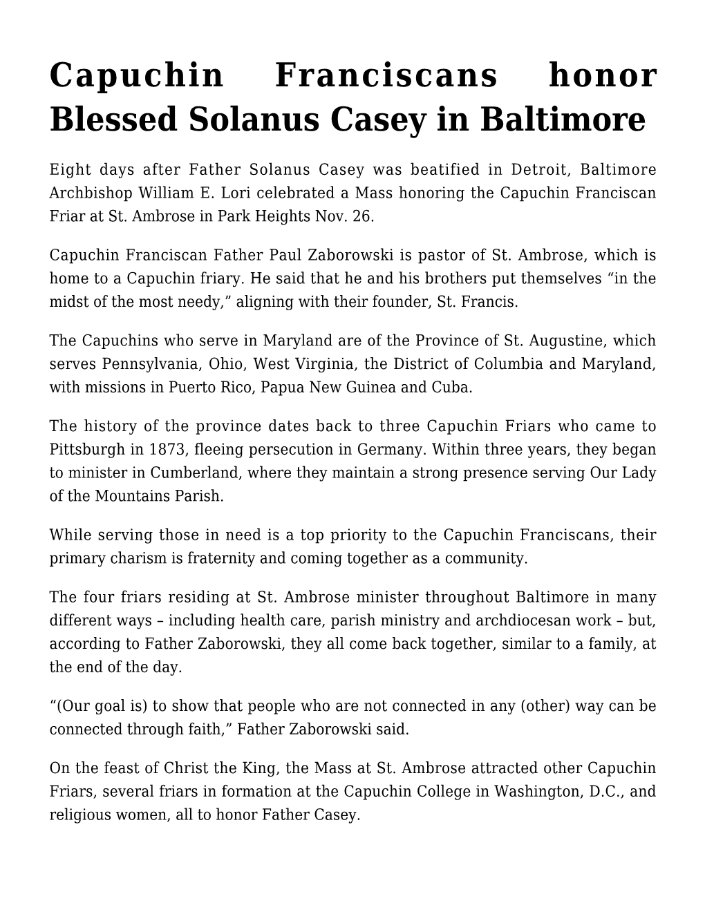 Capuchin Franciscans Honor Blessed Solanus Casey in Baltimore