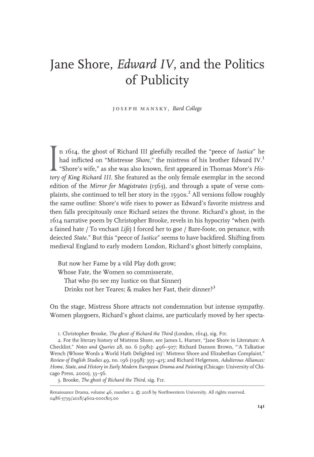 Jane Shore, Edward IV, and the Politics of Publicity