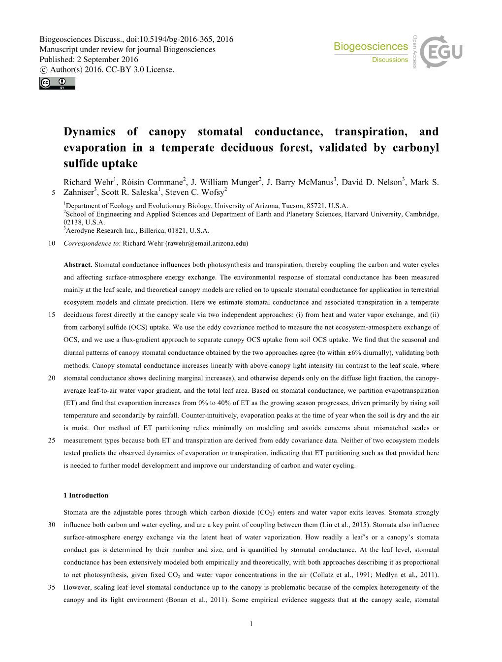 Dynamics of Canopy Stomatal Conductance, Transpiration, and Evaporation in a Temperate Deciduous Forest, Validated by Carbonyl S