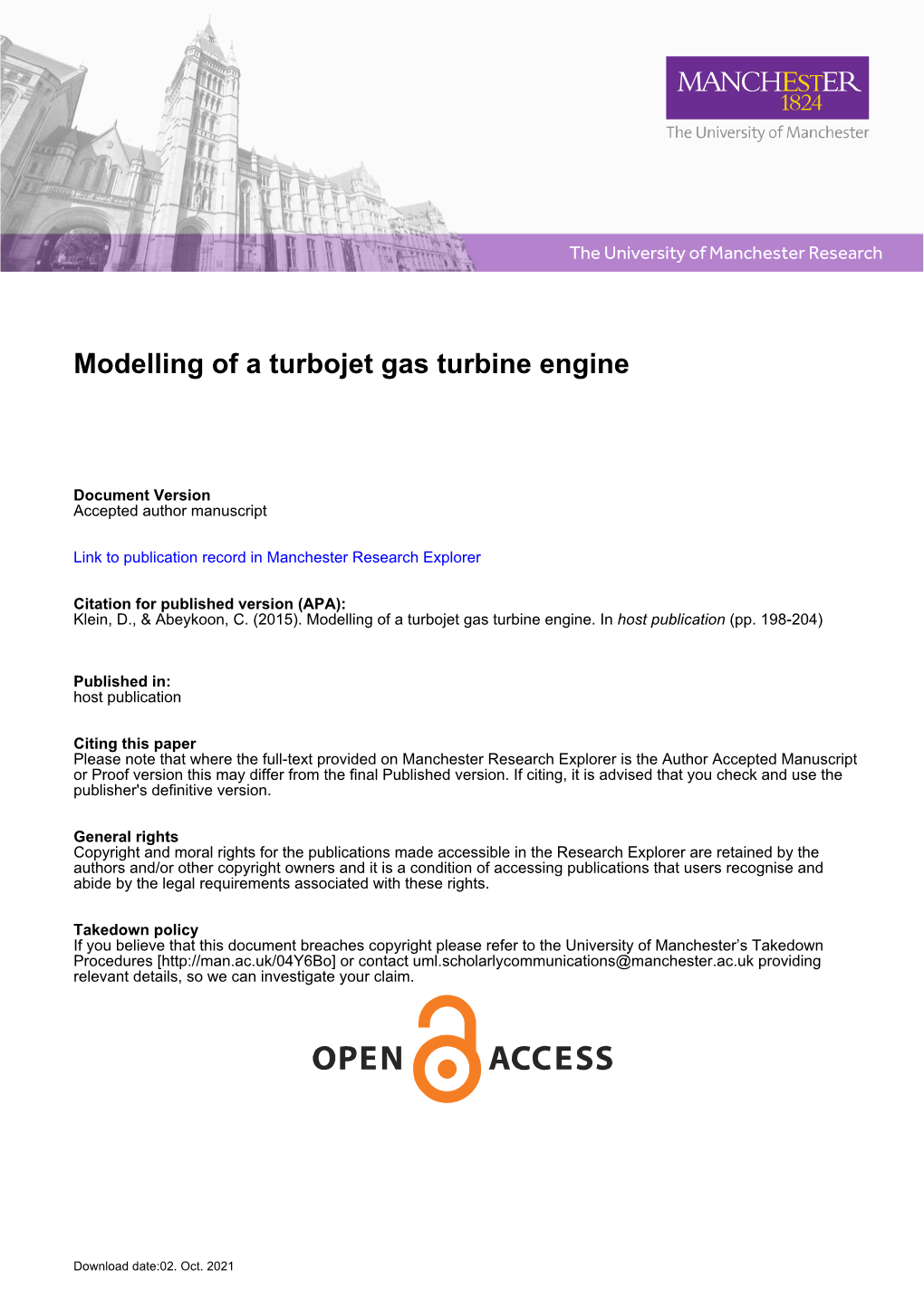 Modelling of a Turbojet Gas Turbine Engine