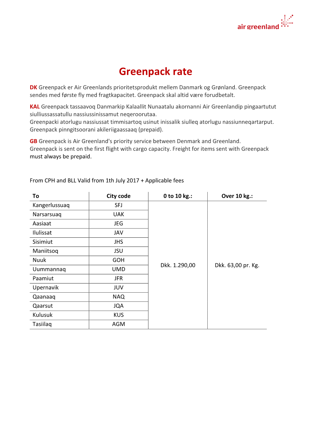 Greenpack Rate