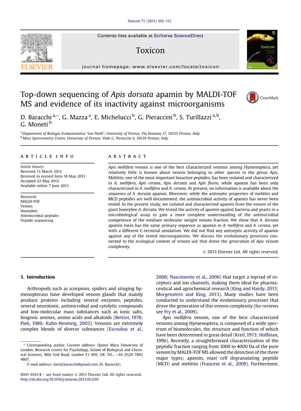 Top-Down Sequencing of Apis Dorsata Apamin by MALDI-TOF MS and Evidence of Its Inactivity Against Microorganisms