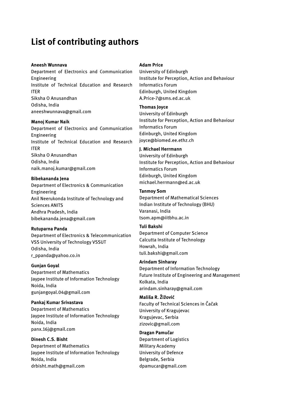 List of Contributing Authors