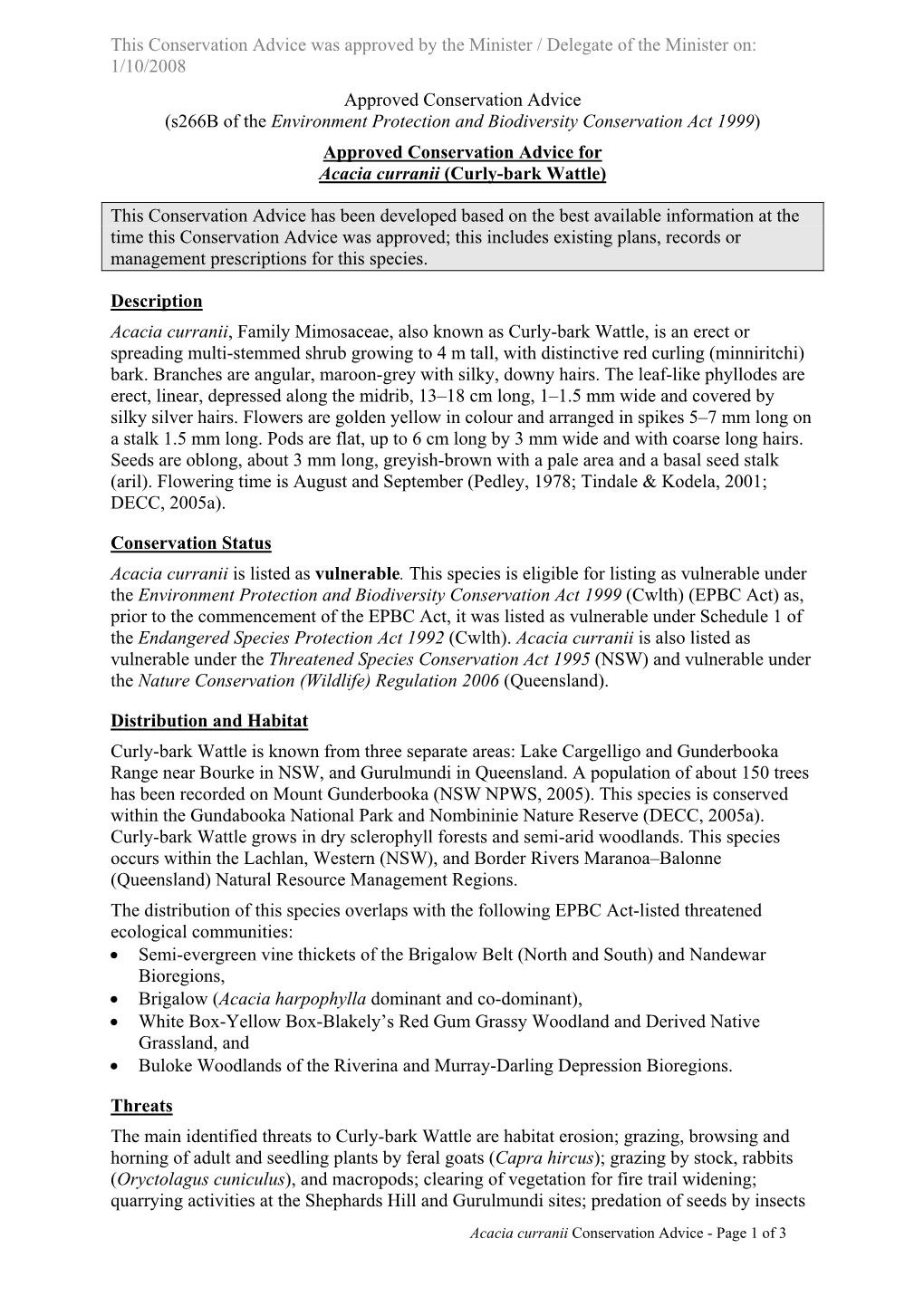 Approved Conservation Advice for Acacia Curranii (Curly-Bark Wattle)