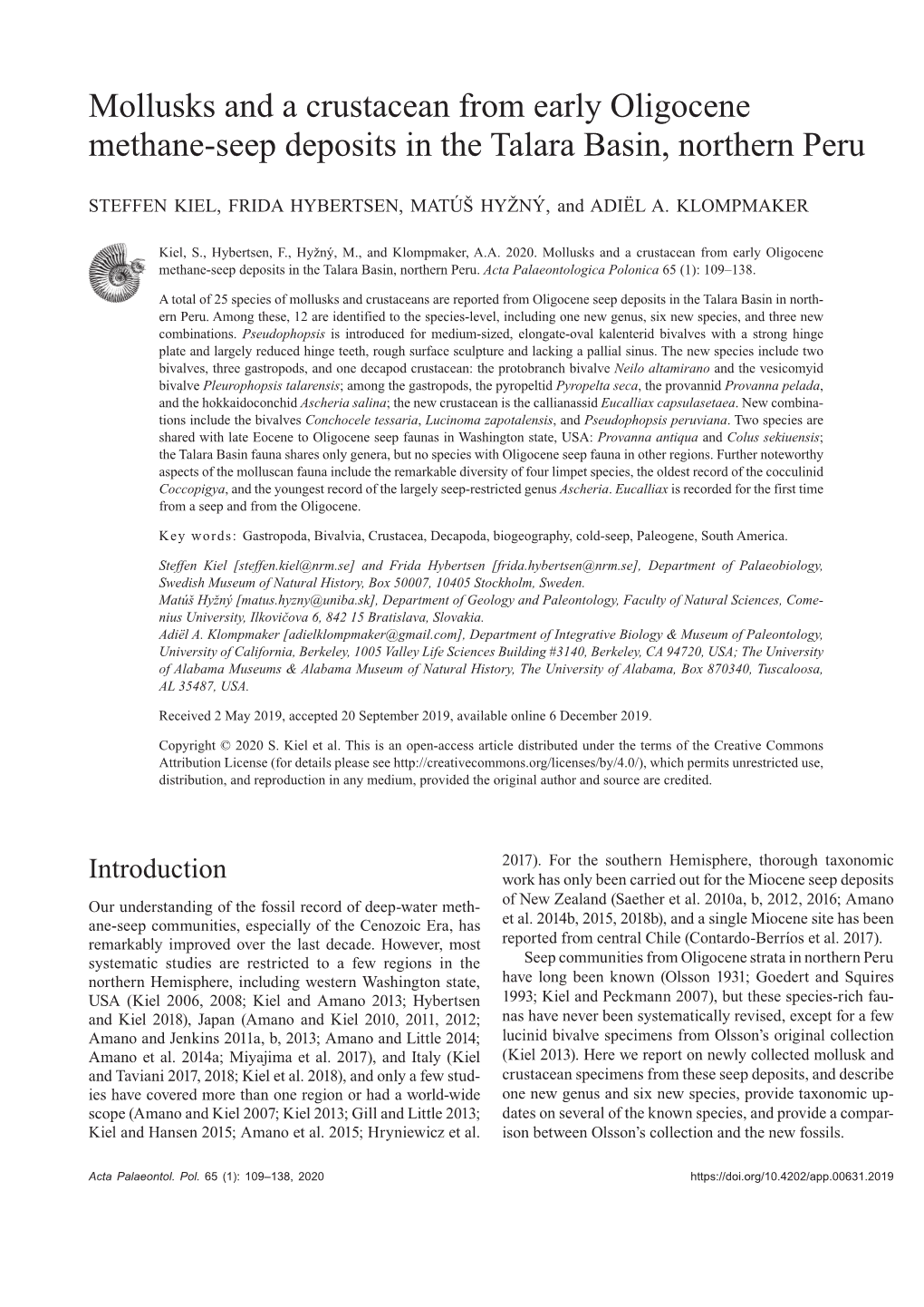 Mollusks and a Crustacean from Early Oligocene Methane-Seep Deposits in the Talara Basin, Northern Peru