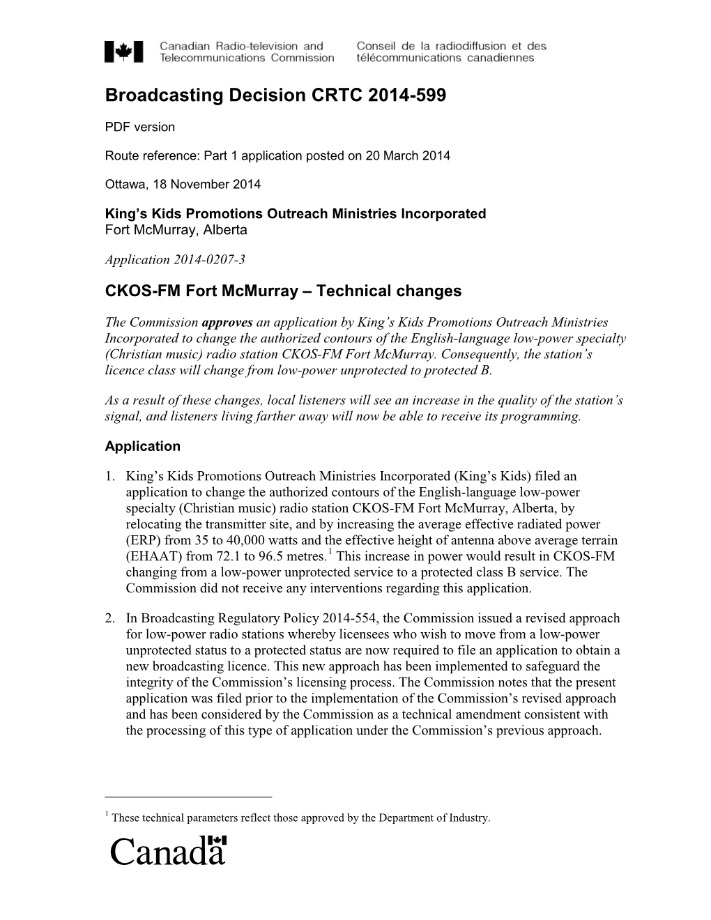 CKOS-FM Fort Mcmurray – Technical Changes