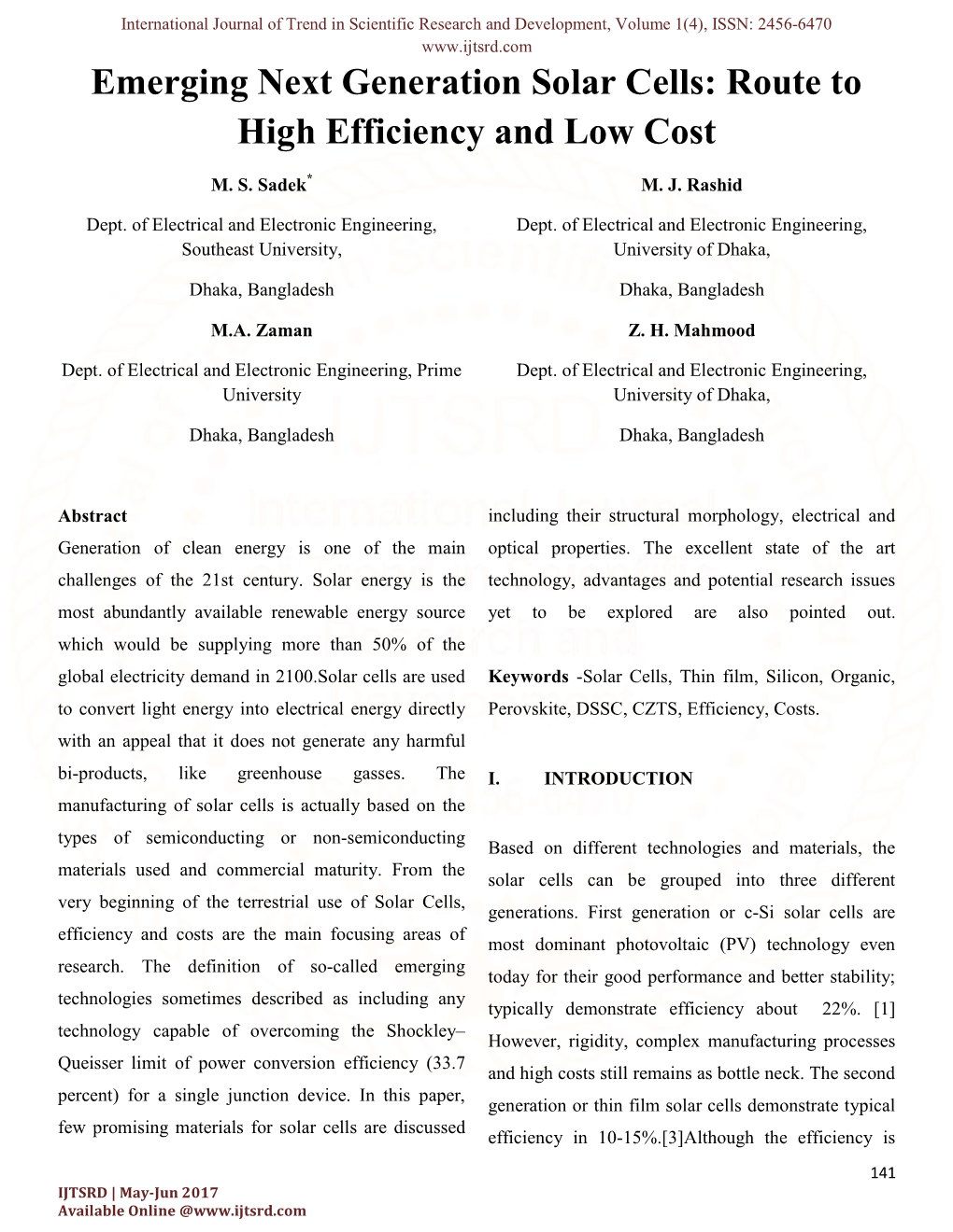 Emerging Next Generation Solar Cells: Route to High Efficiency and Low Cost