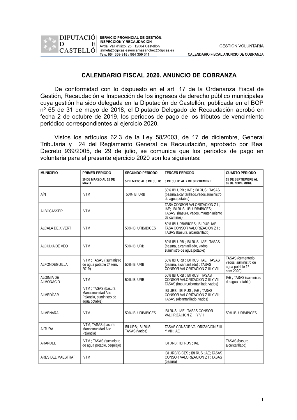 CALENDARIO FISCAL 2020. ANUNCIO DE COBRANZA De