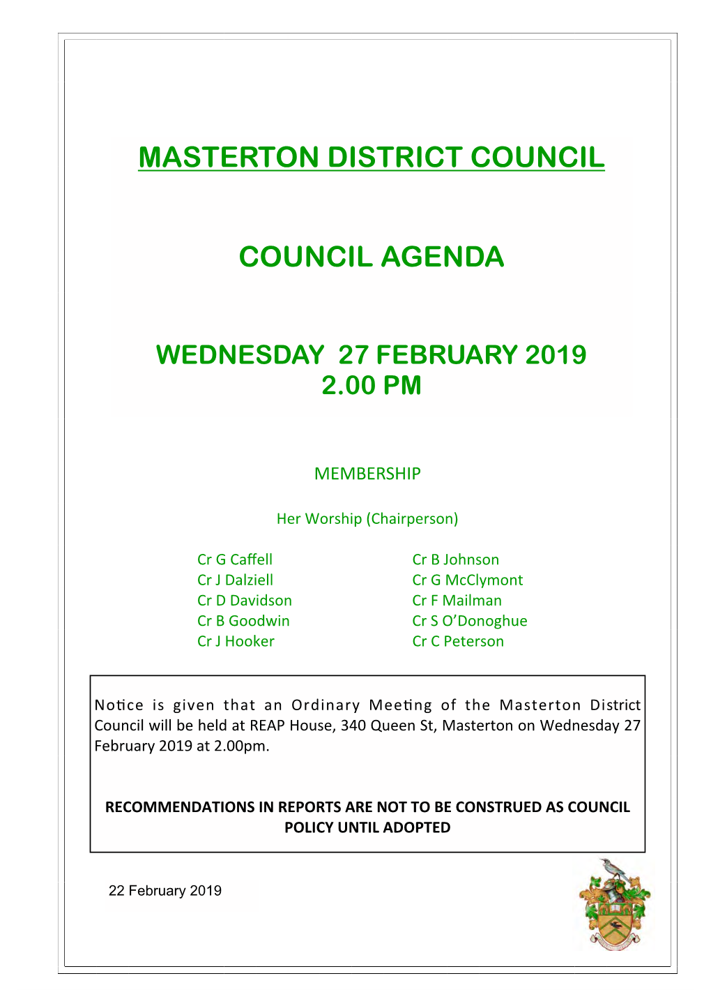Masterton District Council Council Agenda
