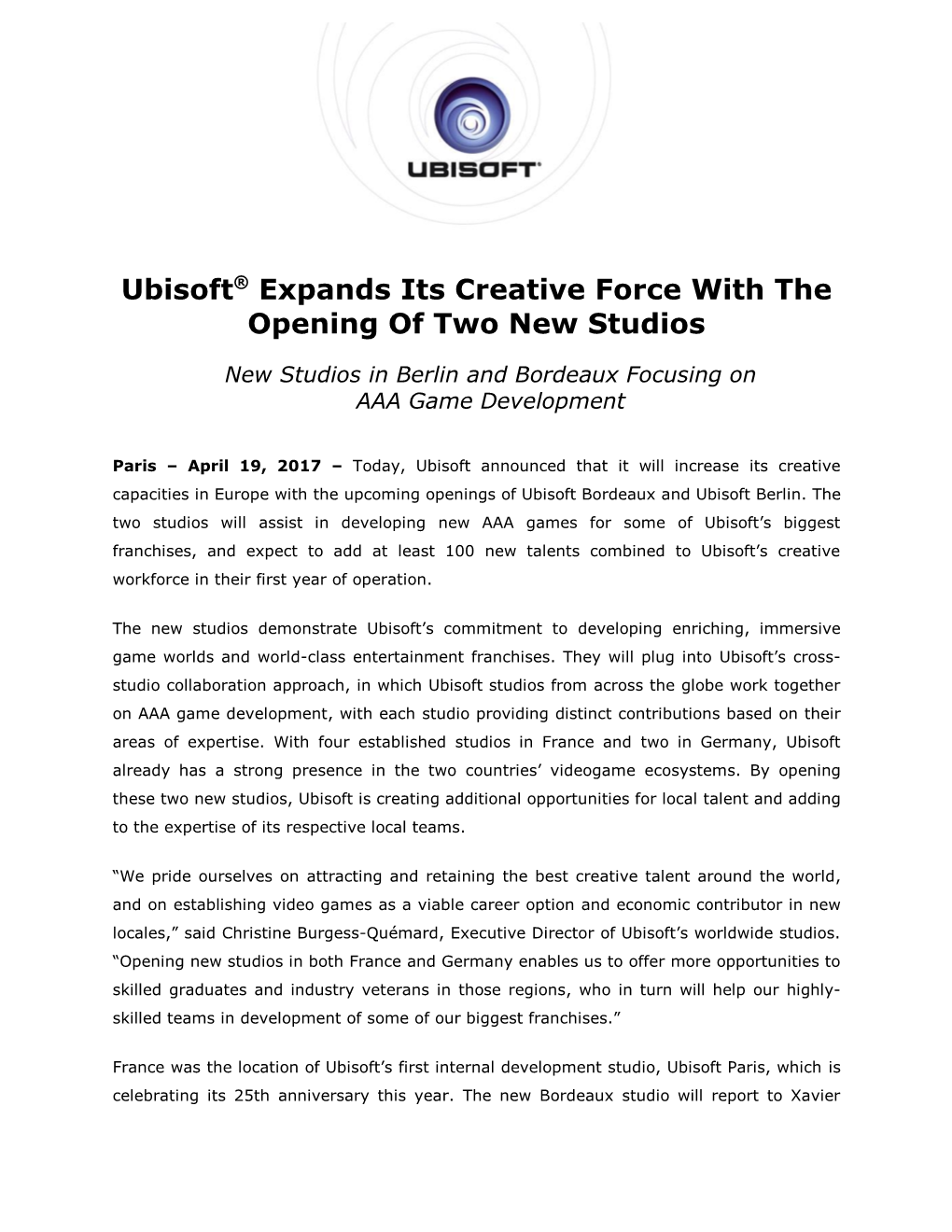 Ubisoft® Expands Its Creative Force with the Opening of Two New Studios