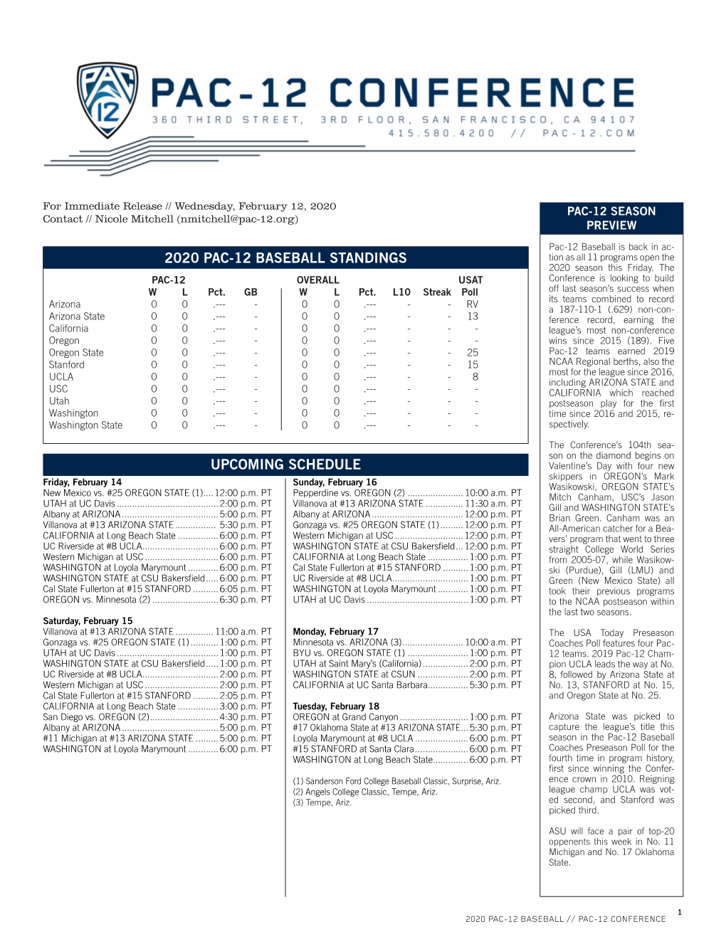 2020 Pac-12 Baseball Standings Upcoming