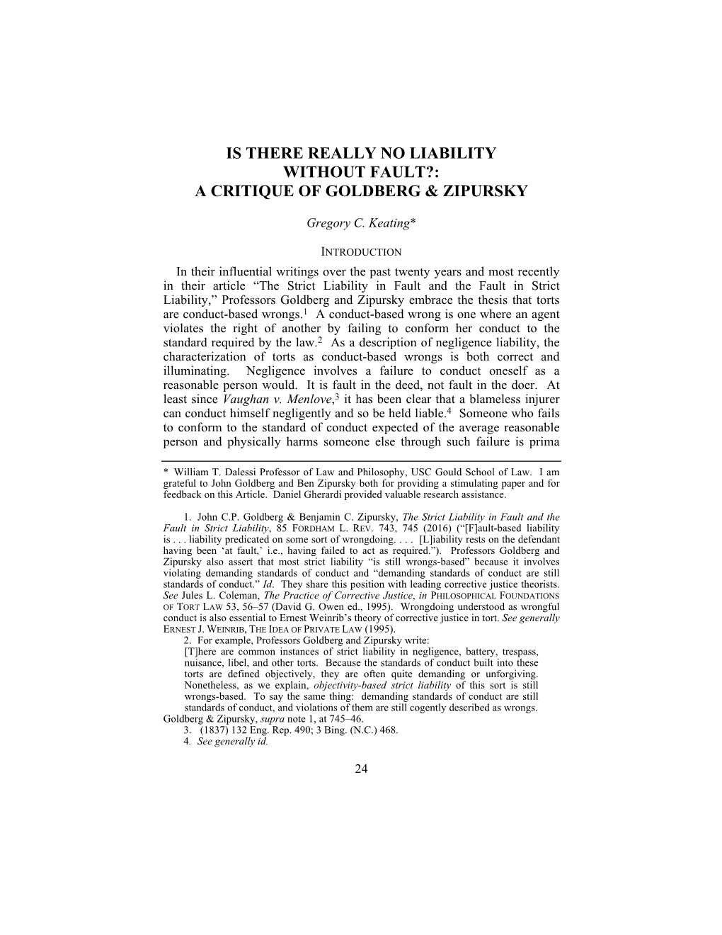 Is There Really No Liability Without Fault?: a Critique of Goldberg & Zipursky