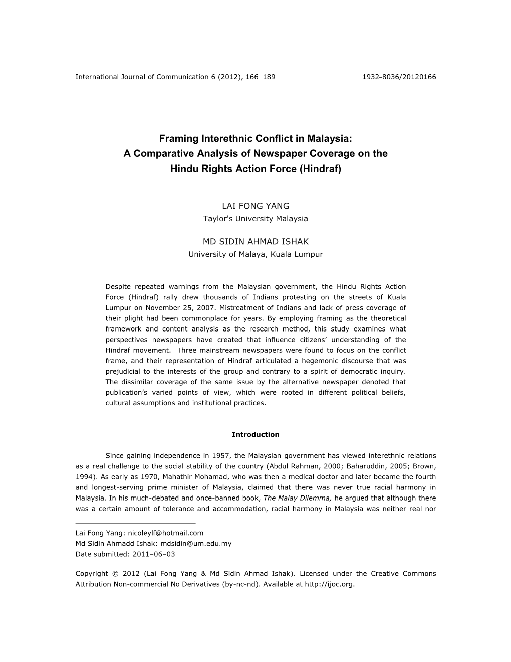 Framing Interethnic Conflict in Malaysia: a Comparative Analysis of Newspaper Coverage on the Hindu Rights Action Force (Hindraf)