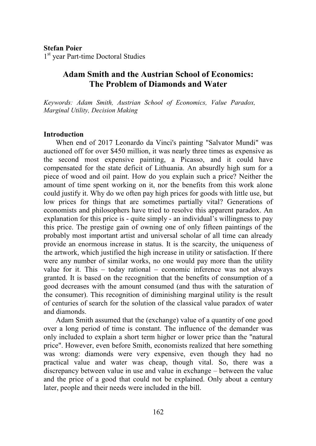 Adam Smith and the Austrian School of Economics: the Problem of Diamonds and Water