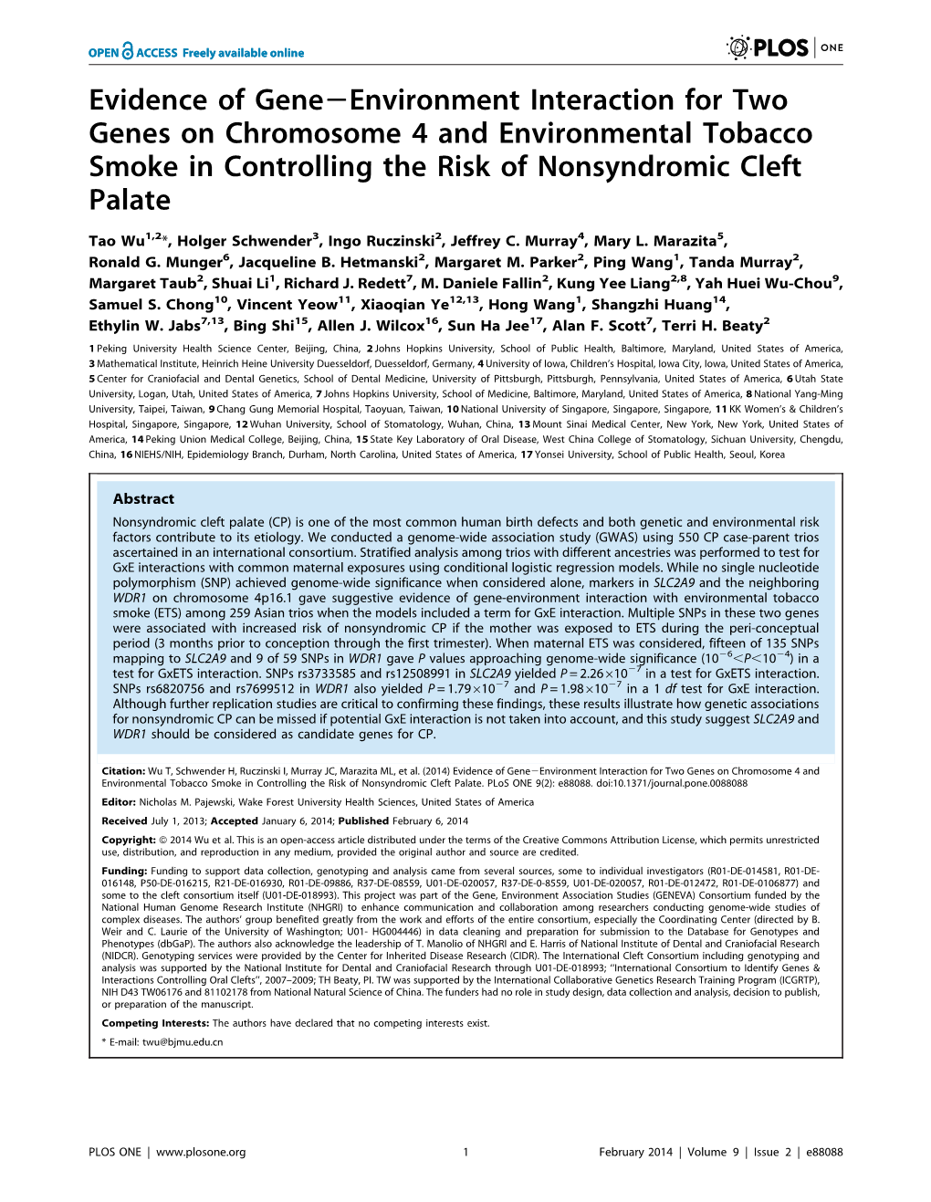 Evidence of Gene2environment Interaction for Two Genes on Chromosome 4 and Environmental Tobacco Smoke in Controlling the Risk of Nonsyndromic Cleft Palate