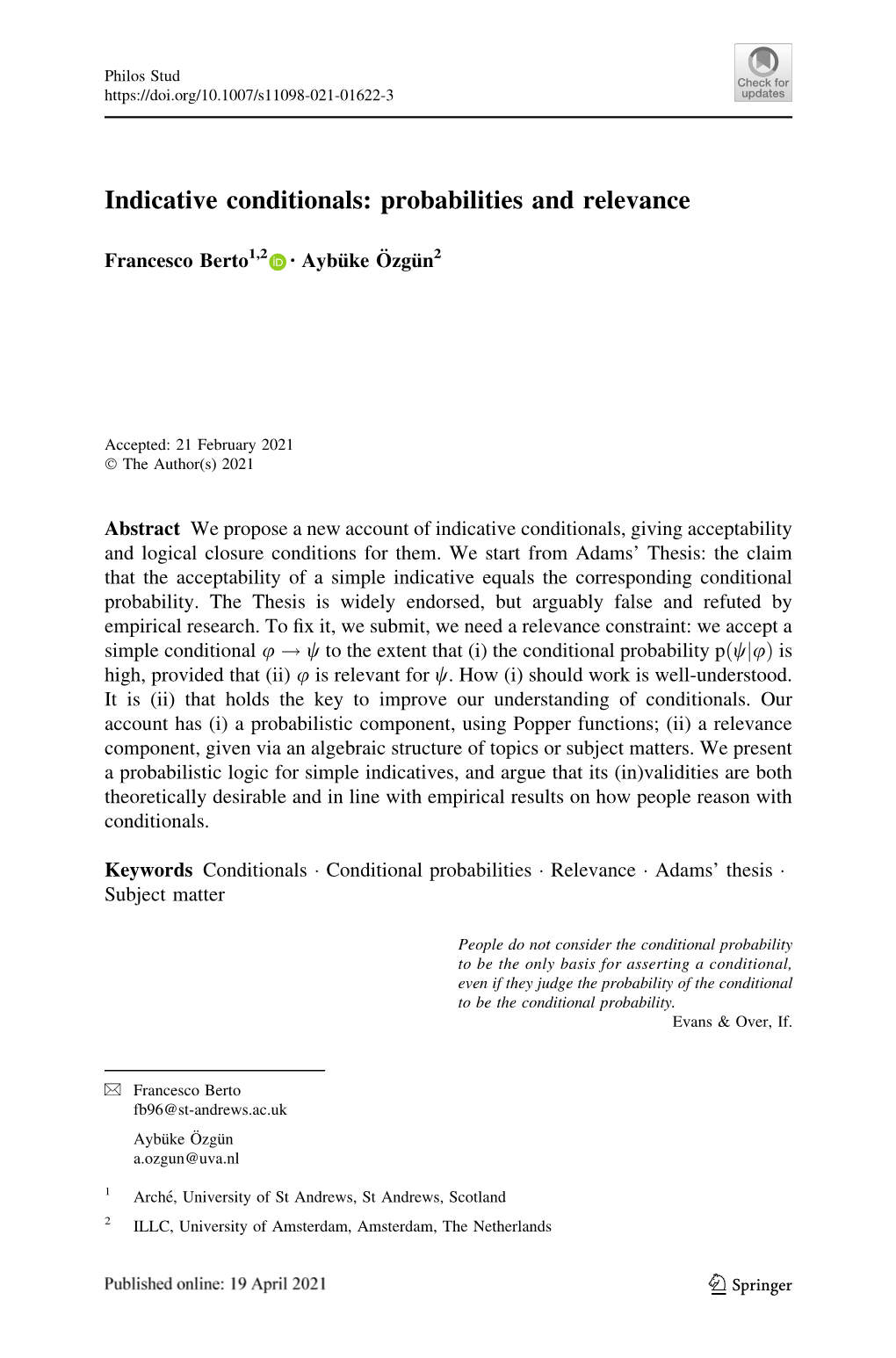 Indicative Conditionals: Probabilities and Relevance