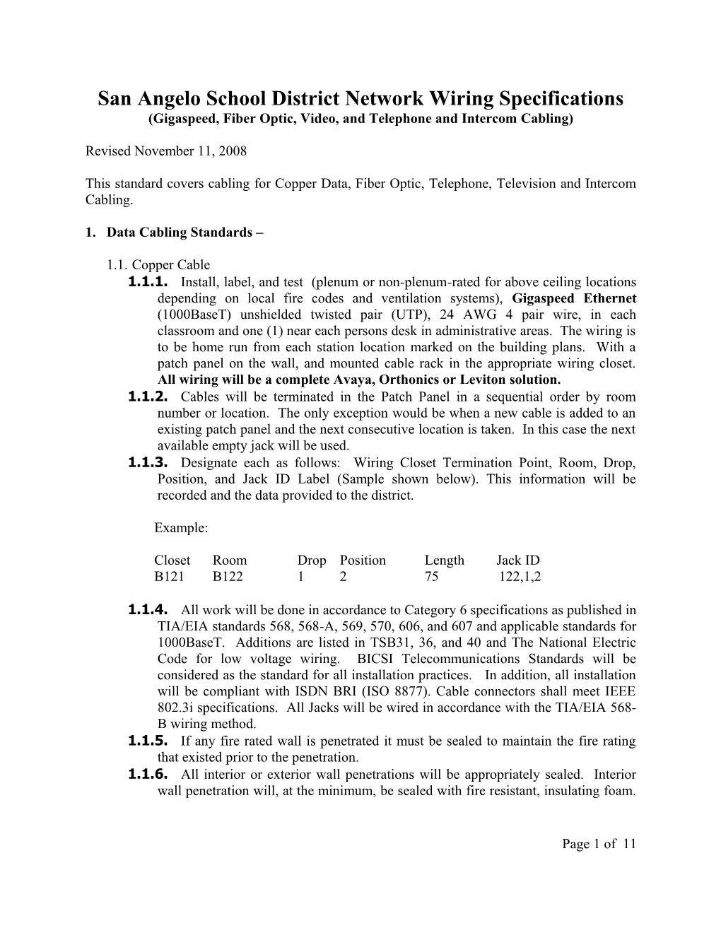 San Angelo School District Network Wiring Specifications