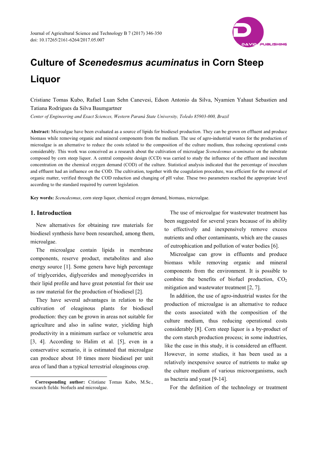 Culture of Scenedesmus Acuminatus in Corn Steep Liquor