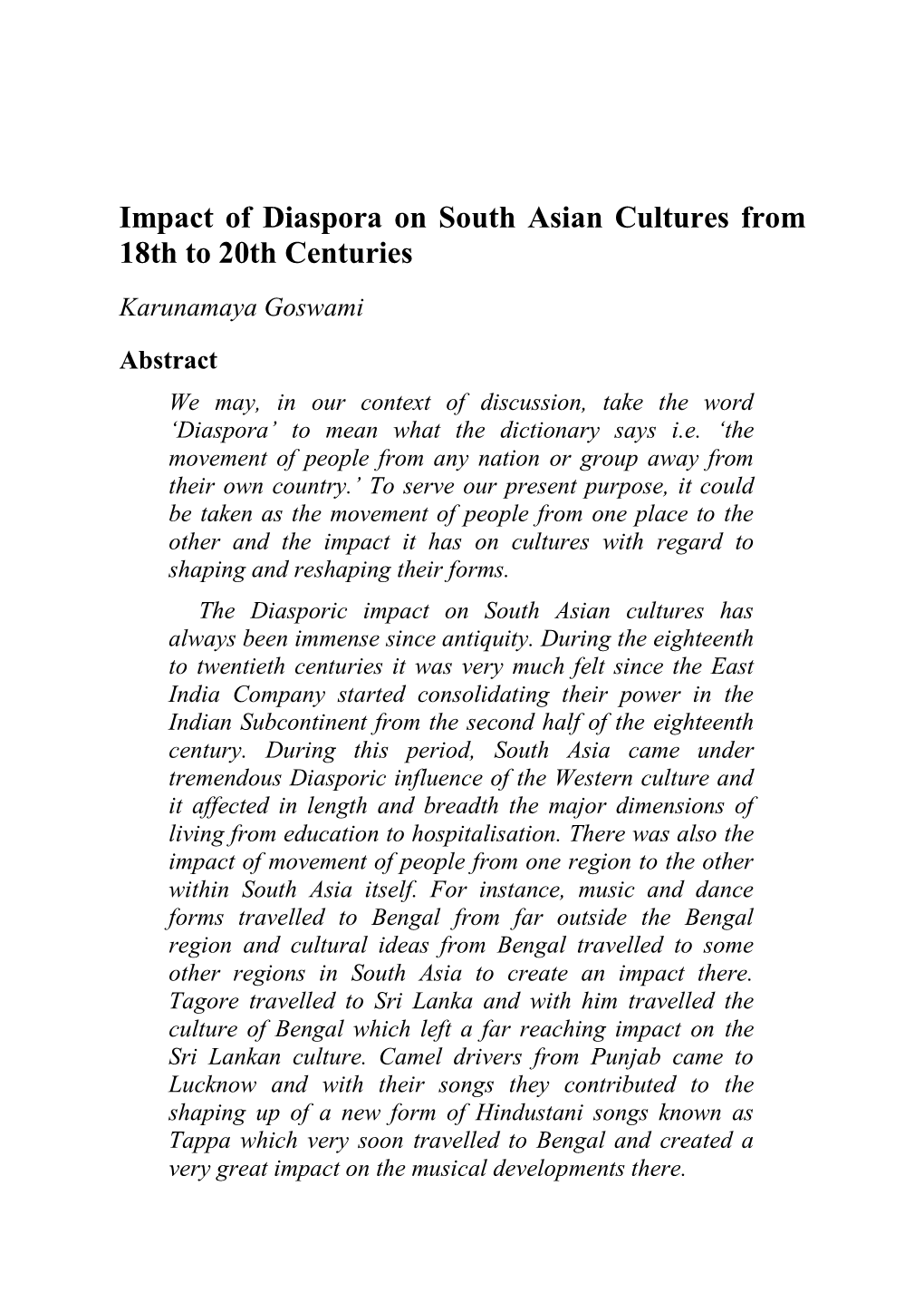 Impact of Diaspora on South Asian Cultures from 18Th to 20Th Centuries
