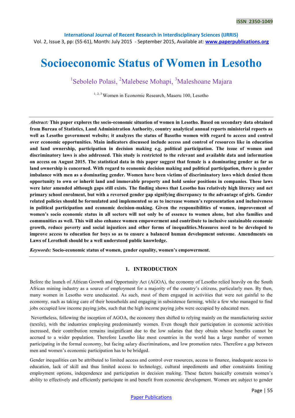 Socioeconomic Status of Women in Lesotho