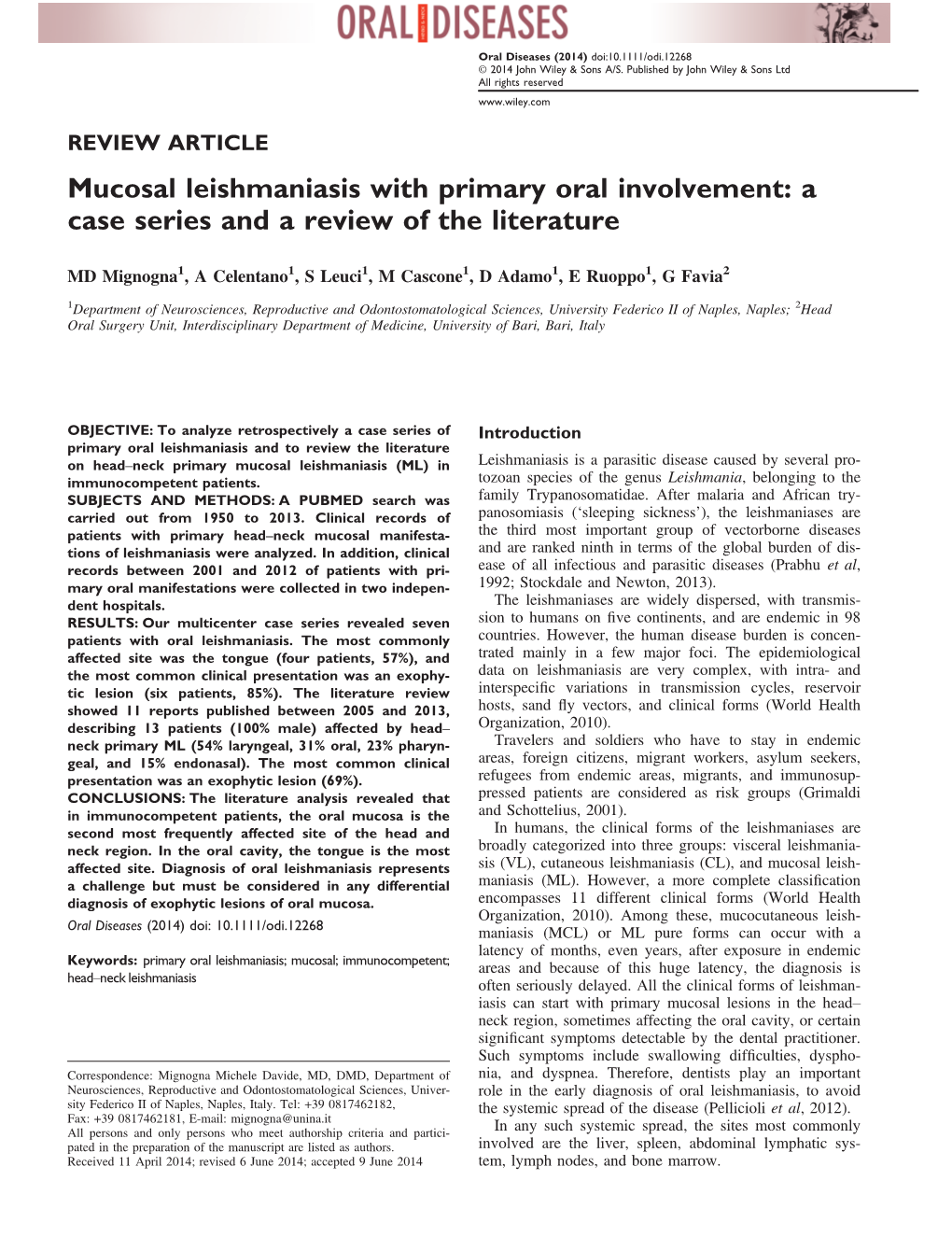 Mucosal Leishmaniasis with Primary Oral Involvement: a Case Series and a Review of the Literature