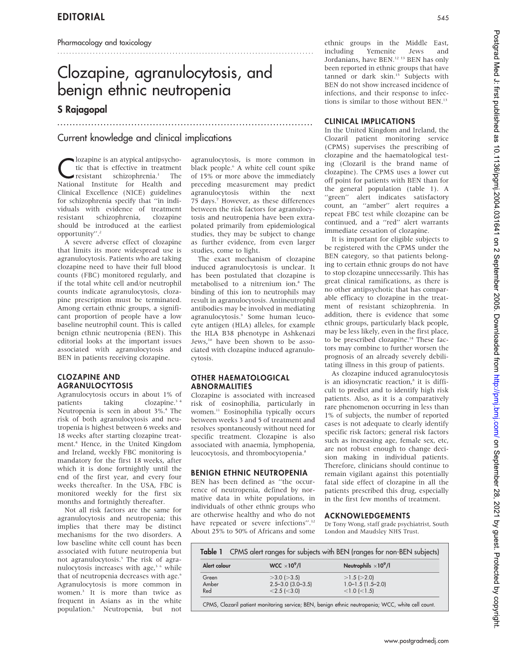 Clozapine, Agranulocytosis, and Benign Ethnic Neutropenia