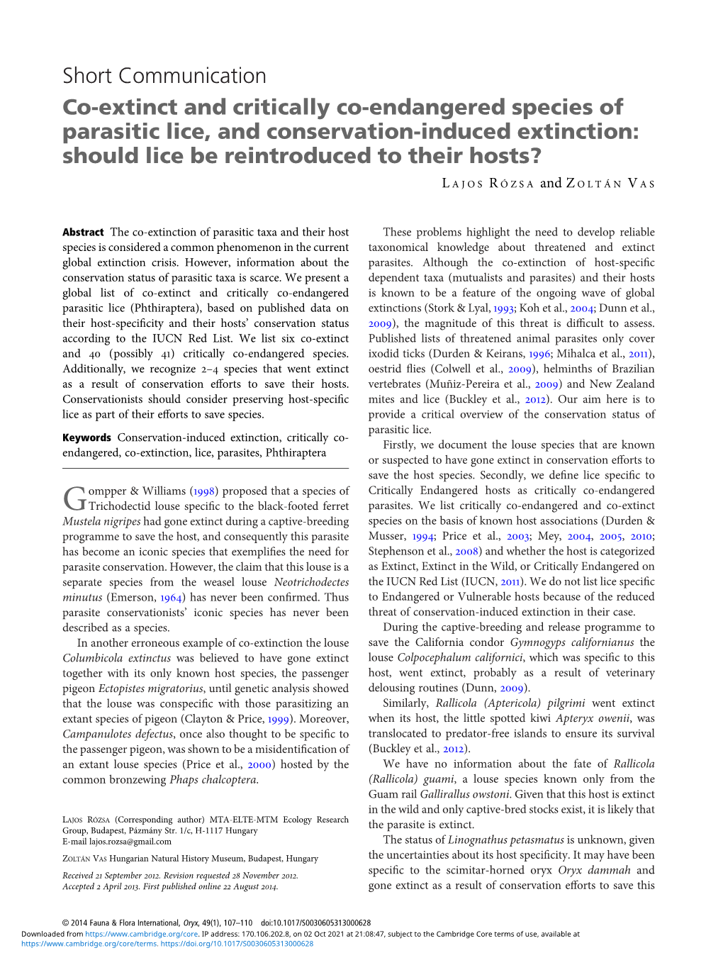 Co-Extinct and Critically Co-Endangered Species of Parasitic Lice, and Conservation-Induced Extinction: Should Lice Be Reintroduced to Their Hosts?