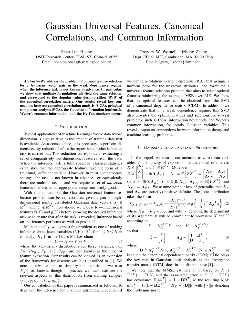 Gaussian Universal Features, Canonical Correlations, and Common Information