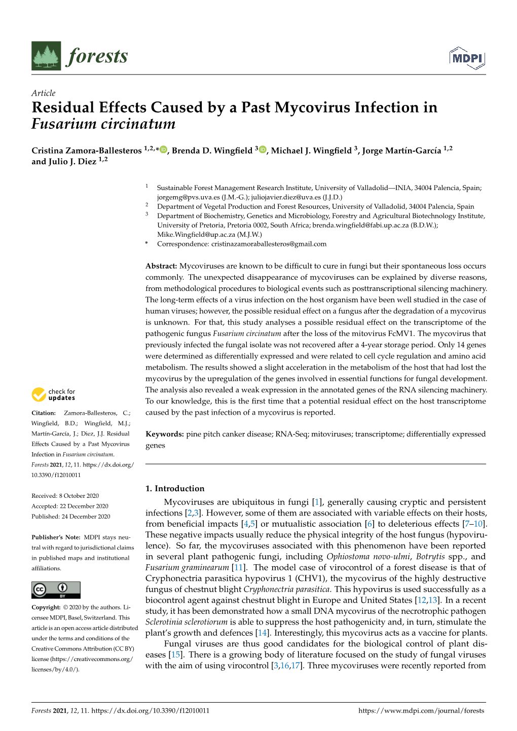 Residual Effects Caused by a Past Mycovirus Infection in Fusarium Circinatum