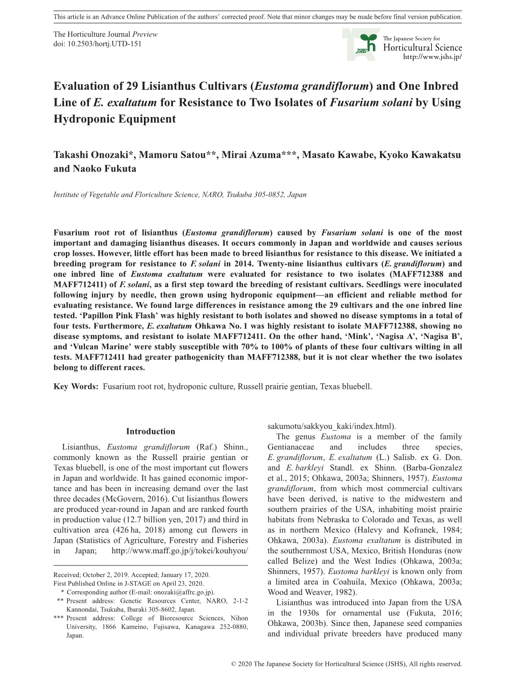 Evaluation of 29 Lisianthus Cultivars (Eustoma Grandiflorum) and One Inbred Line of E